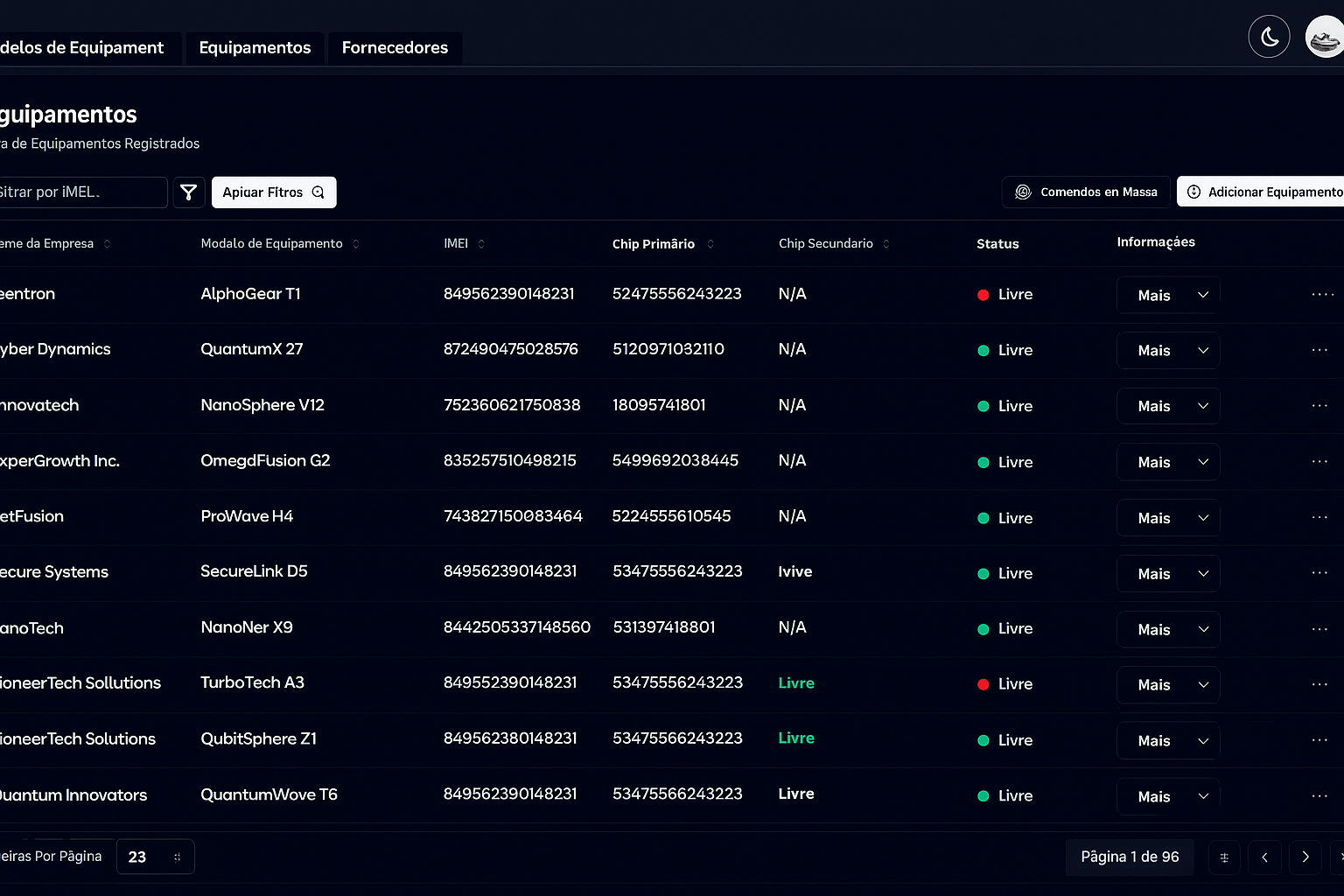 Gestão Completa de Equipamentos - Interface do WALKSAT
